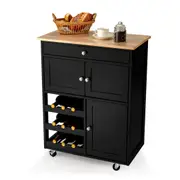 Costway 3 Doors Wooden Kitchen Trolley Rolling Workbench Cart Bar Serving Cart