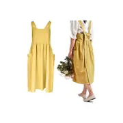 Cotton Linen Aprons Cross Back Apron with Pockets for Women with Pockets Pinafore Dress for Baking Cooking-Yellow
