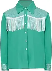[Lejafay] Girls Western Cowgirl Fringe Shirt Country Concert Outfits Sequins Tassel Rodeo Blouse Top
