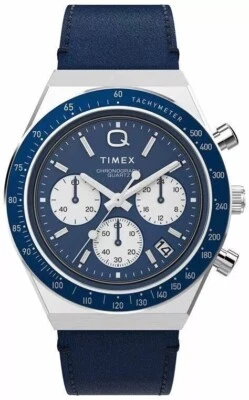 New Men's Timex Q Blue Dial Chronograph Blue Leather Watch TW2W51700