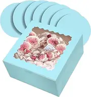 qiqee 10x10x5 Inch Cake Box, 5 Sets Light Blue Cake Round Boards ＆ 5 Sets 10 Inch Light Blue Cake Box with Window, Cake Containers(25.4x25.4x13cm)