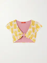 [La DoubleJ] La DoubleJ - Bardot Tie-front Printed Bikini Top - Yellow - medium medium Yellow