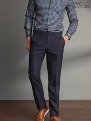 Navy Blue Regular Fit Signature 100% Wool Trousers With Motion Flex Waistband (M32902) | $126