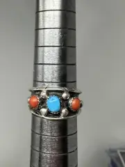Native American Sterling Silver Turquoise & Coral Ring US size 10