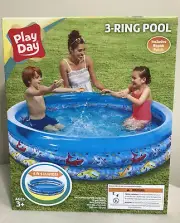 Pool Play Day 3-Ring Inflatable Blue Shark Kids Toddler Swimming Outdoor Swim