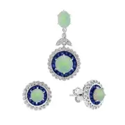 14K Gold Natural Opal Sapphire Diamond Pendant and Stud Earrings Jewelry Set