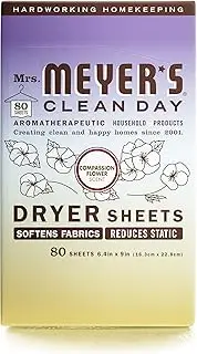 MRS. MEYER'S CLEAN DAY Dryer Sheets, Fabric Softener, Reduces Static, Infused with Essential Oils, Compassion Flower, 80 Count