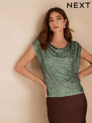 Green Drape Sleeveless Sequin Top (AW6719) | $79