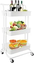 Szkerui Kitchen Storage Trolley, 3 Tier Utility Cart, Dining Side Push Rack, Multi-Purpose Utility Cart with Handle, Lockable Wheels, Suitable for Kitchen, Bathroom,White