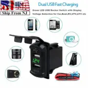Car Charger 12V 24V Dual USB Socket Green LED Voltage Voltmeter Rocker Switch (for: Porsche)