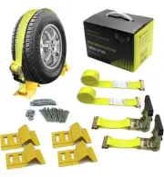 2 Wheels Wheel Chock Tie Down Strap Kit for Trailers Mower ATV UTV RZR