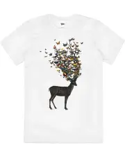 Wild Nature Cool Animal Butterfly Deer Cotton T-Shirt Unisex Tee White - White