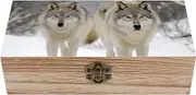 BWQSKL Wooden Box Wood Storage Box with Lid Solid Two Wolves Walking in The Snow Wood Decorative Trunk for Keepsakes for Cooking Tools, Makeup, Or Office Supplies