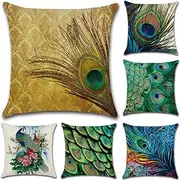 JOTOM Throw Pillow Covers, 6 Pack Cushion Covers Cotton Linen Decorative Pillowcases for Couch Sofa Car,18 x 18 Inches - Peacock Feathers