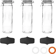 Argon Tableware 3X 2000ml (2 Litre) Clear Glass Spaghetti Jars with Chalkboard Stickers White Airtight Silicone Seal and Metal Clip Lids - 70.3oz Empty Tall Pasta Kitchen Containers