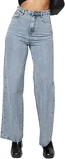 [KDF] Straight Leg Jeans for Women High Waisted Jeans Frayed Baggy Pants Raw Hem Loose Stretchy Cropped Wide Leg Jeans, #0927_Light Blue, 8