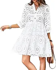 [Generic] Women's Eyelet Lace Mini Dress Summer V-Neck 3/4 Sleeve Midi Dress Button Front Tiered A Line Sundresses