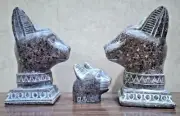 Bundle Of 3 Goddess Bastet Cat Head EGYPTIAN ANTIQUE Statue Heavy Granite