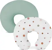 Wimist Nursing Pillow Covers 2 Pack, Muslin Nursing Cover for Breastfeeding Pillows, Soft and Comfortable Pillow Slipcover for Baby Girls Boys (Sage & Flower-B)