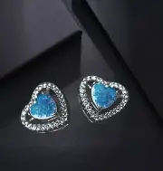 Blue Opal Heart Stud Earrings Australian Fire Opal Gemstone 925 Sterling Silver