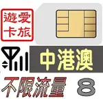 【中港澳8天】4G/LTE 不限流量 不限速(不降速) 中國 香港 澳門 8日 吃到飽 愛旅遊上網卡 K99G8D