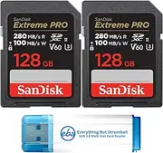 SanDisk UHS-II 128GB Extreme Pro SDXC Memory Card 2-Pack 280MB/s Read Speed Class 10 Card for Photo and Video (SDSDXEP-128G-GN4IN) Bundle with 1 Everything But Stromboli 3.0 Micro & SD Card Reader