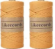 Likeecords 2 Skeins Braided Macrame Cotton Cord 3mm x 100m, 100% Cotton Rope String for Bag, Wall Hanging, Plant Hangers, Crafts, Knitting (Yellow)