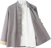 [NTWSHS] Chinese Clothing Kung Fu Uniforms Martial Arts Jacket Tang Suit Long Sleeved Include Coats Shirt,Chinese Traditional Clothes,Cotton Linen Tai Chi Clothes Zen Meditation Uniform(Gray,Medium)