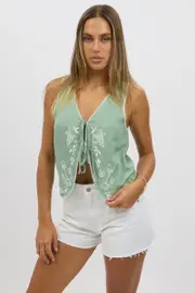 Green Linen Vest Sleeveless Embroidery - Size 6XXS, Women's Jacket
