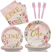 AIMALL 1-Year-Old Birthday Party Tableware Set, 96-Piece Floral Theme Dinnerware for Girls, Includes Plates, Napkins, Forks