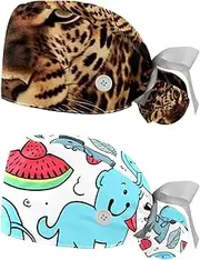 [YTYVAGT] 2-Pc,Nurse Scrub Caps,Scrub Hats with Buttons and Cotton Sweatband,Brown Leopard Print
