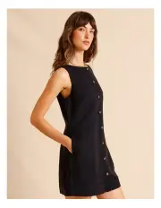 [Piper] Lyocell Linen Blend Button Front Dress in Black