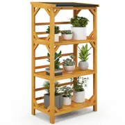 Costway 3-Tier Plant Stand Wood Flower Pots Shelf Weather-resistant Load 90kg w/Asphalt Tilting Roof Garden Patio Balcony