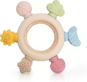 Baby Teething Toys Silicone Teethers BPA Free Silicone Rudder with Wooden Ring Soothe Babies Gums