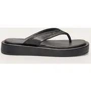 Black Pu Round Toe Thong Flatform Sandals, Black