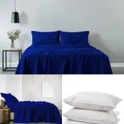 Royal Comfort Cotton Sheet Set and Duck Feather Down Pillows Single Royal Blue