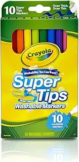 CRAYOLA 10ct Washable SuperTips Markers, Assorted Classic Crayola Colours, Durable Tips, Kids Colouring and Drawing Textas, Perfect for Back to School 10 Count (Pack of 1)