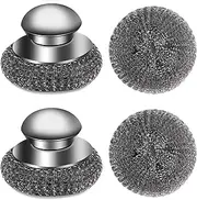 4pcs Steel Wool Scrubber with Replacement Wire Pads Set, Stainless Steel Scrubber with Handle for Scouring Stubborn Messes from Cast Iron, Pots, Pans, Grill, Stoves, Sink(2 Scrubber+2 Pads)