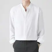 Long Sleeve Band Collar Plain Button Shirt White - L