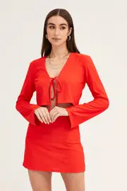 Red Long Sleeve Tie Front Textured Tie Top - Size 12, Women's Bolero