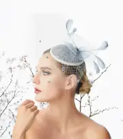 Silve Gray Feather Wedding Fascinator Hat Party Woman Headpiece Polka Dot Net