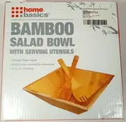 Square Bamboo Salad Bowl Set with Serving Utensils Large Square 11"