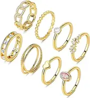 [MJust] 8Pcs 14K Gold Rings for Women-Triple Band Rings Danity Stackable Rings for Women Non-Tarnish Gold Rings Opal Heart CZ Fashion Stacking Rings Set Size 5-10