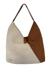 Steve Madden Cozi Faux Shearling Suede Nat/Cognac Colorblock Hobo Shoulder Bag