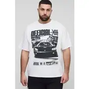Mens White Plus Oversized Official Car Print T-Shirt
