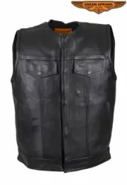 Men's Motorcycle Leather Vest Collarless w/ Zippered & Button-Snap Front Closure