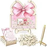 JarThenaAMCS 66Pcs Pink Bow Baby Shower Guest Book Alternative Set Guestbook with Wood Bowtie Slices Photo Frame Keepsake for Coquette Birthday