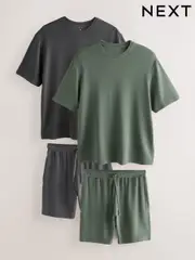 Slate Grey/Green Ottoman Ribbed Modal Short Pyjamas Set 2 Pack (AB1268) | $72