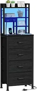 [Furnulem] Tall Nightstand, LED Night Stand with Charging Station and USB Ports, 4 Fabric Drawers and 4 Tier Storage Shelf, Nightstands Bedside Tables for Bedroom, Dorm, Office (Black Oak)