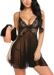 [SEDEX] Babydoll Lingerie for Women-Split Side Design Negligees See Through Chemise Nightdresses Lace Honeymoon Nightwear Set